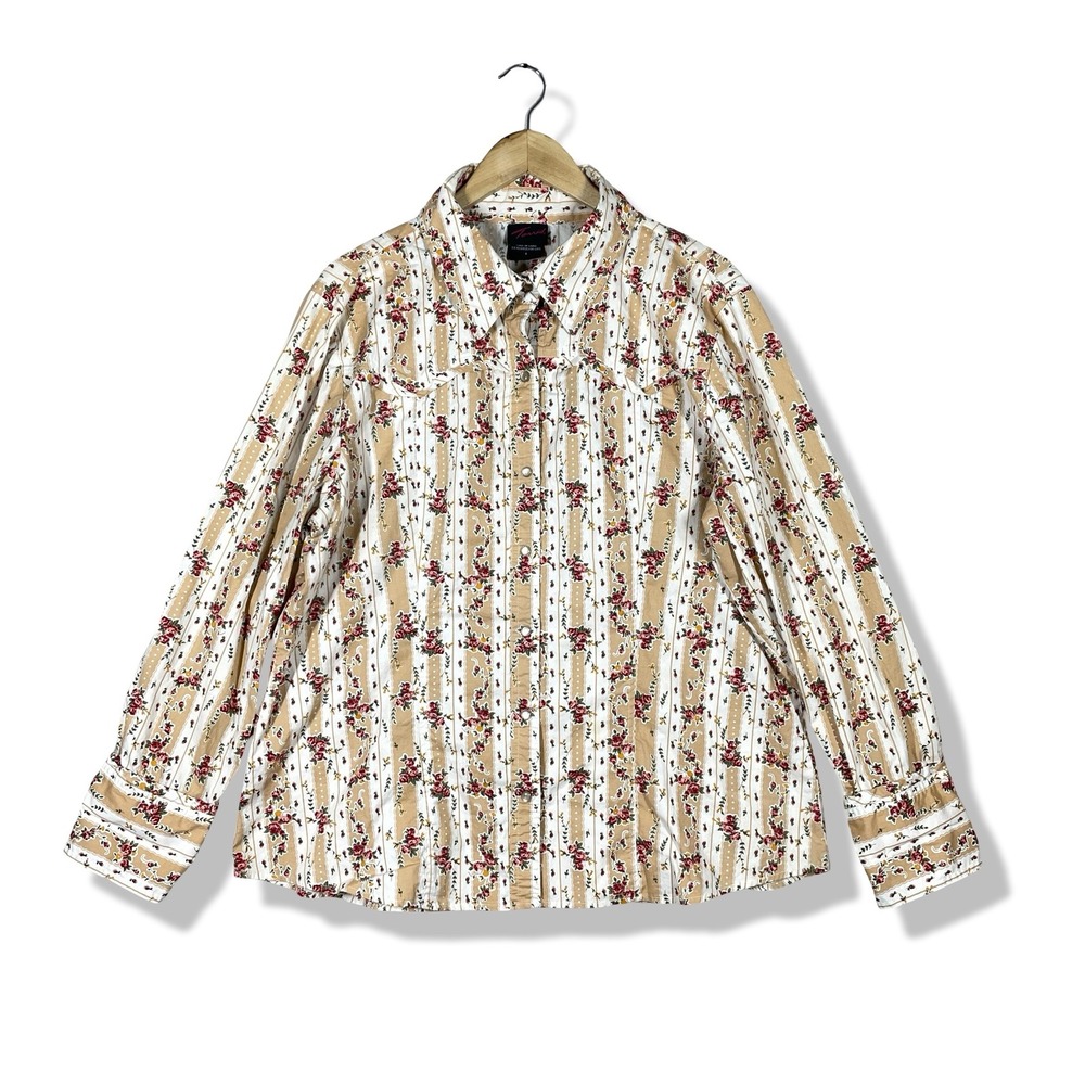 Y2K Torrid Western Pearl Snap Shirt Womens 1X Floral Stripe Tan‎ Rodeo Cowgirl